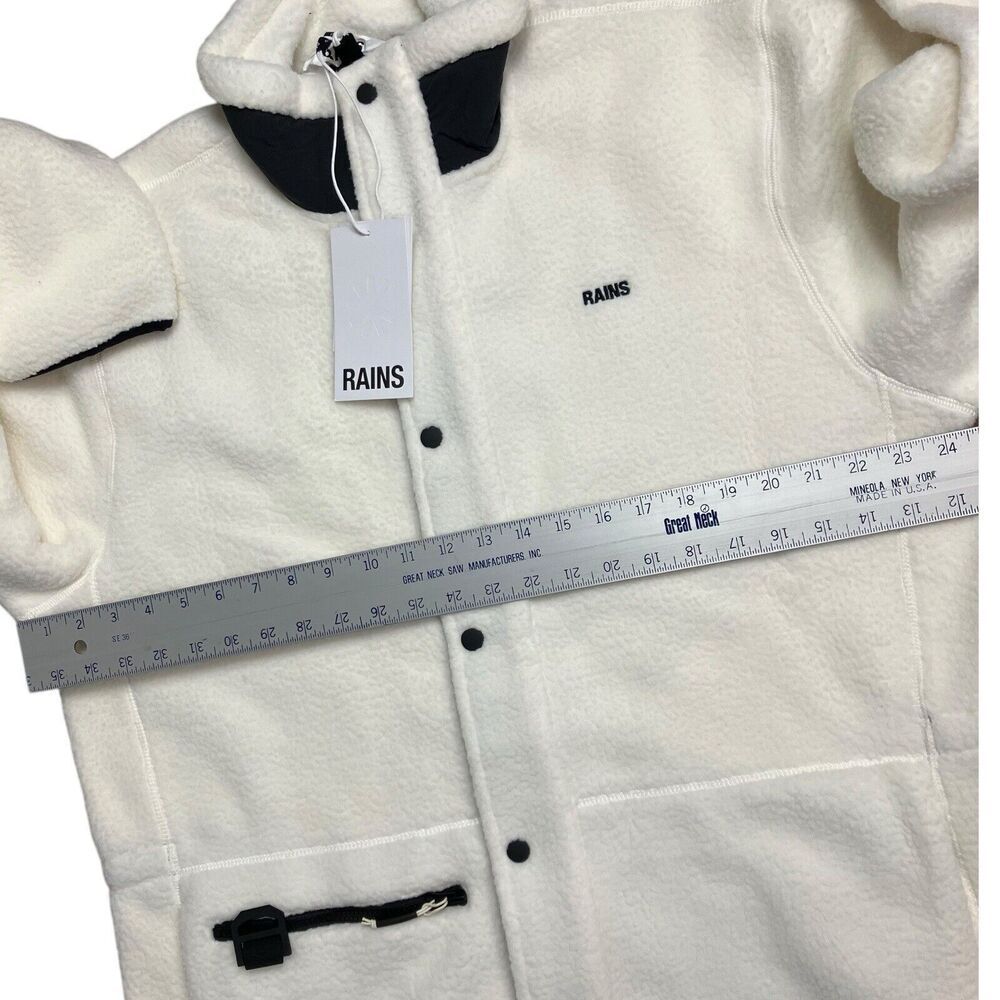 RAINS Heavy Fleece Jacket WMNS XL White Long Snap Button Up Boxy Teddy Fossil - Picture 6 of 13